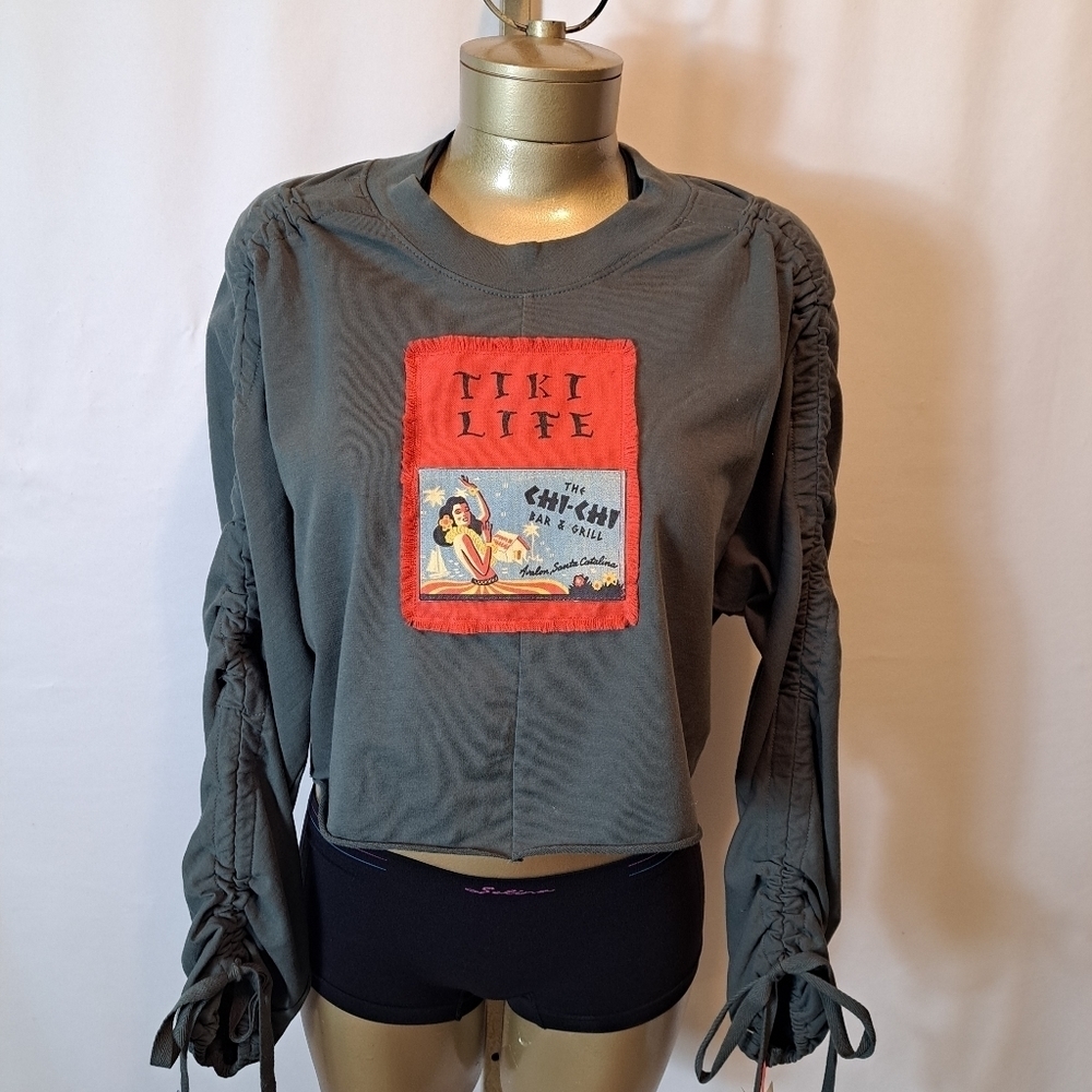 OPEN EDIT GREENISH GRAY LIGHTWEIGHT SWEATSHIRT.  UPSCALED WITH HANDMADE PATCH